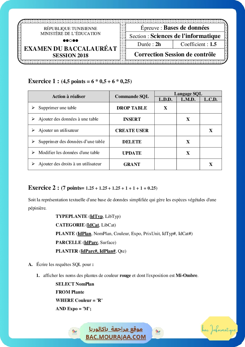Corrigé controle bd Bac 2018 – Section info